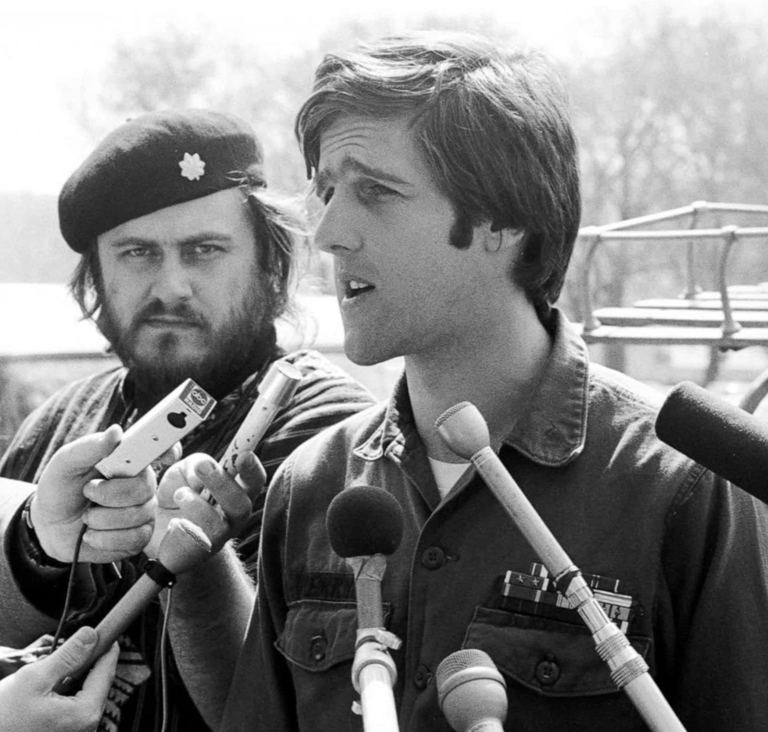 “American soldier John Kerry, spokesman for the VVAW (Vietnam Veterans Against the War), speaks to the press at an outdoor event in Washington D.C., April 21, 1971.”